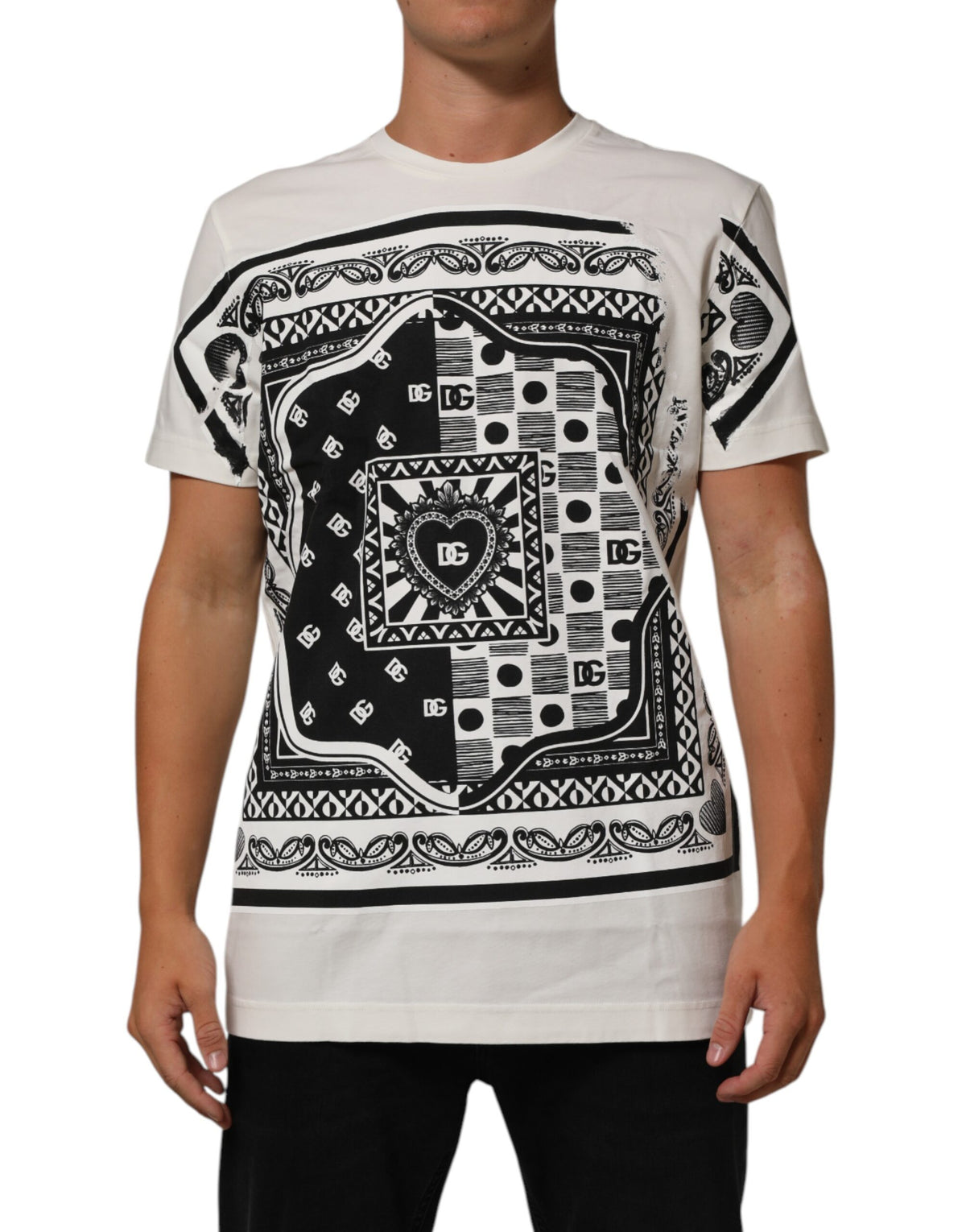 T-shirt homme en coton blanc Dolce &amp; Gabbana avec imprimé bandana et logo.