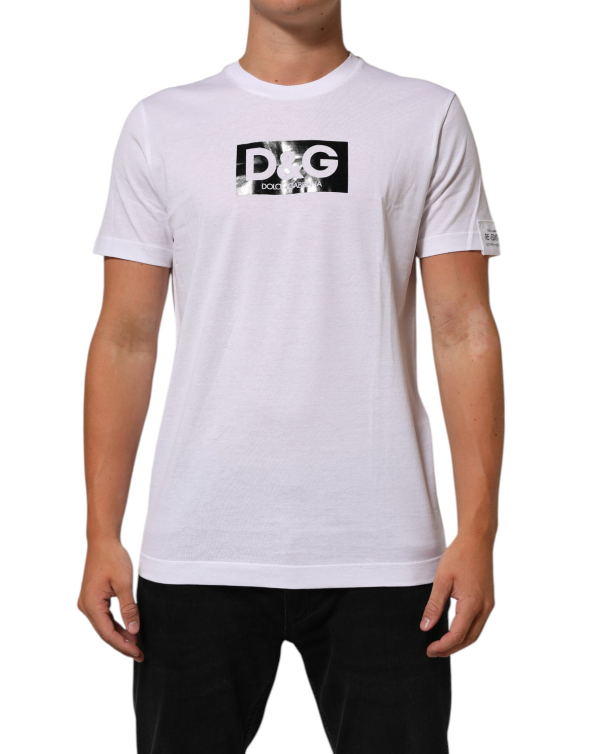 T-shirt en coton à col rond avec imprimé du logo blanc de Dolce &amp; Gabbana