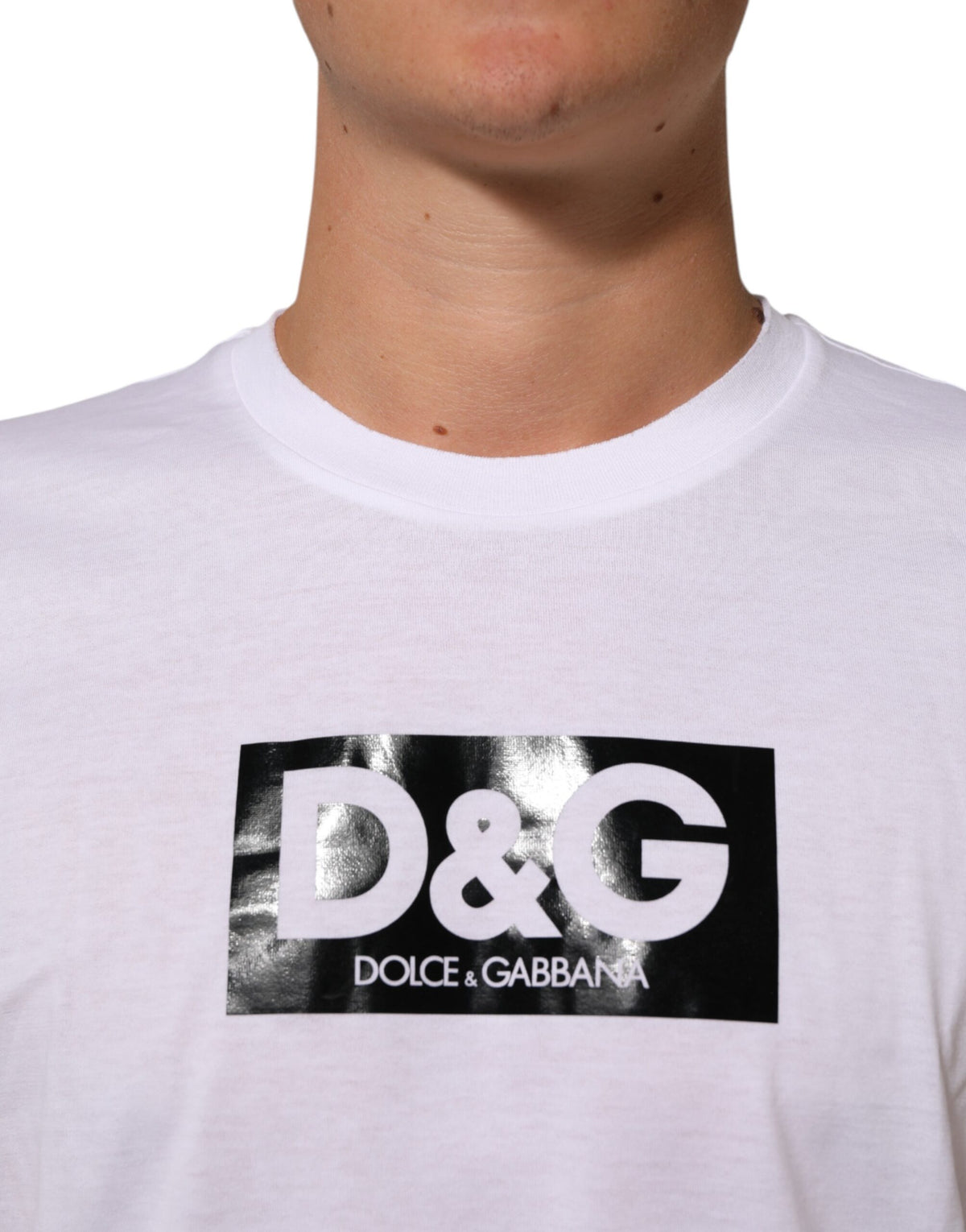 T-shirt en coton à col rond avec imprimé du logo blanc de Dolce &amp; Gabbana