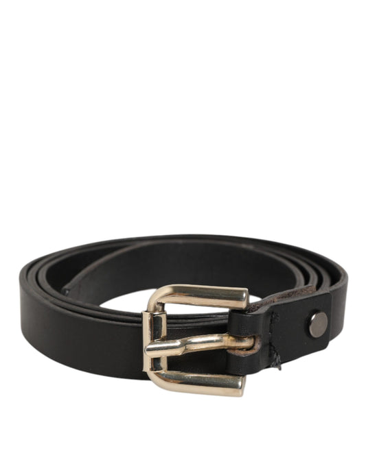 GF Ferre Black Leather Slim Belt with Gold Tone Buckle