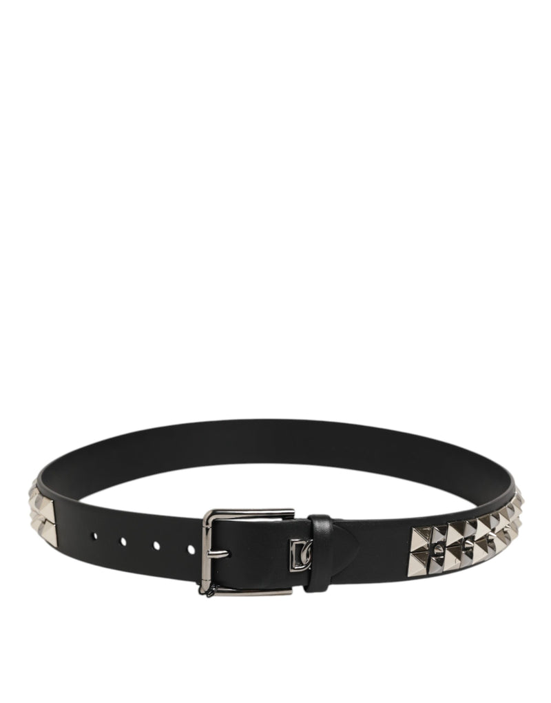 Dolce &amp; Gabbana Zwarte Kalfsleren Riem met Zilveren Gesp en Studs