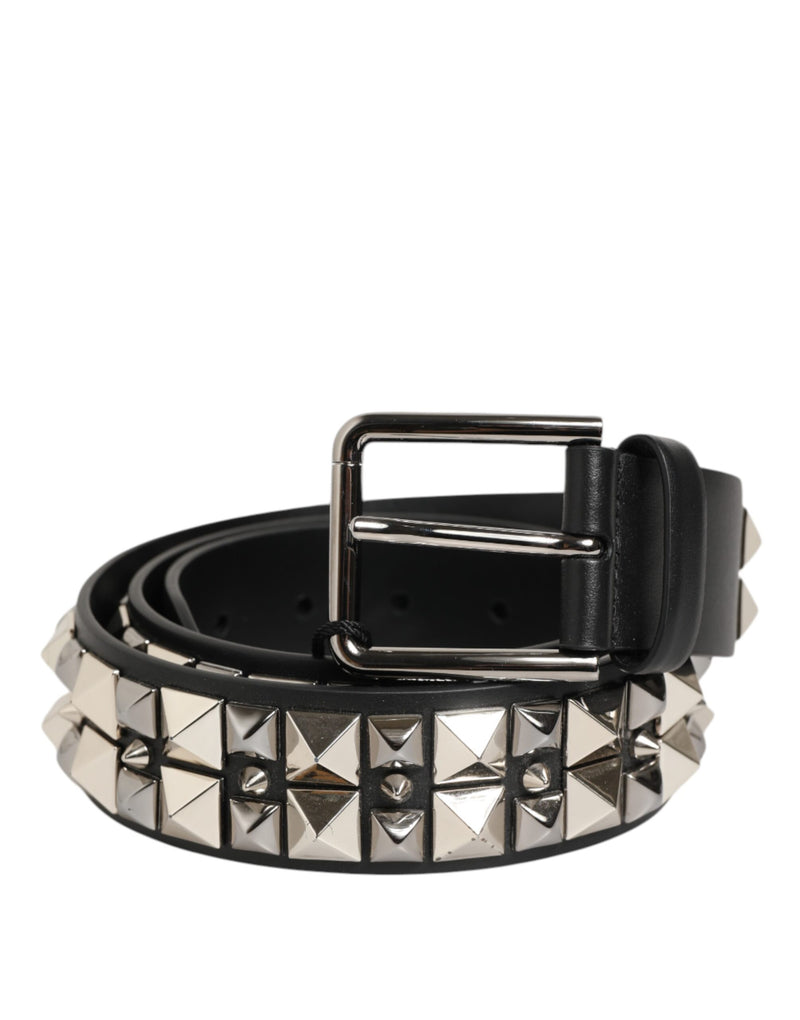 Dolce &amp; Gabbana Zwarte Kalfsleren Riem met Zilveren Gesp en Studs