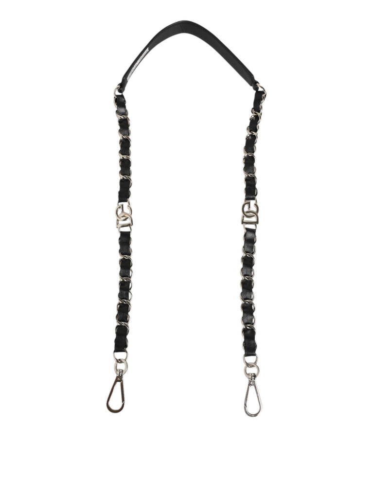 Dolce & Gabbana Black Leather Shoulder Strap with Silver Chain