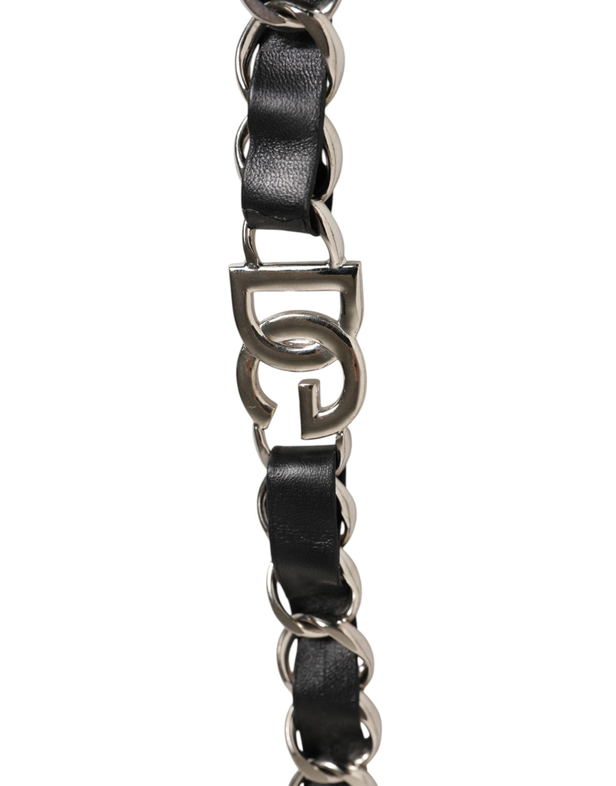 Dolce & Gabbana Black Leather Shoulder Strap with Silver Chain
