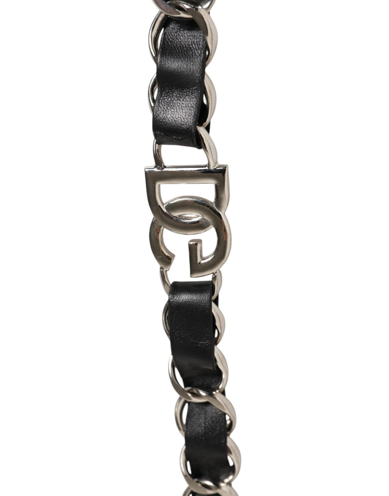 Dolce & Gabbana Black Leather Shoulder Strap with Silver Chain