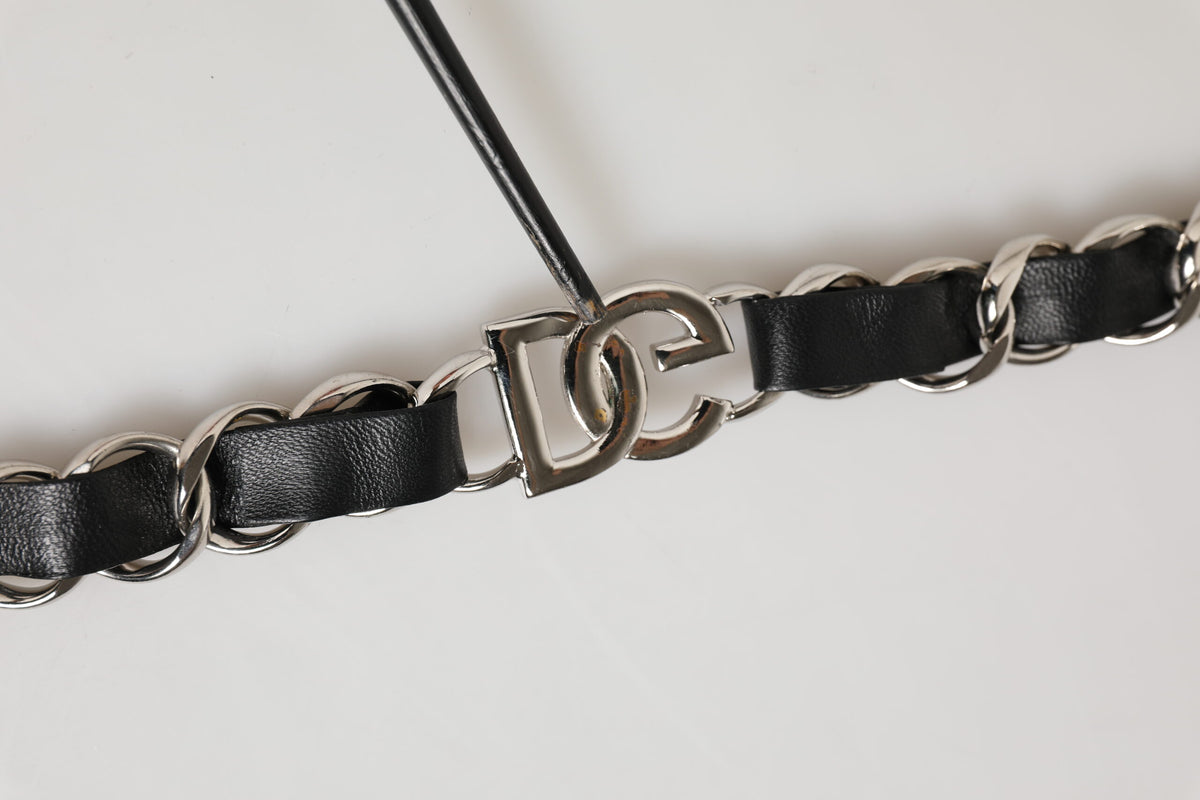 Dolce & Gabbana Black Leather Shoulder Strap with Silver Chain
