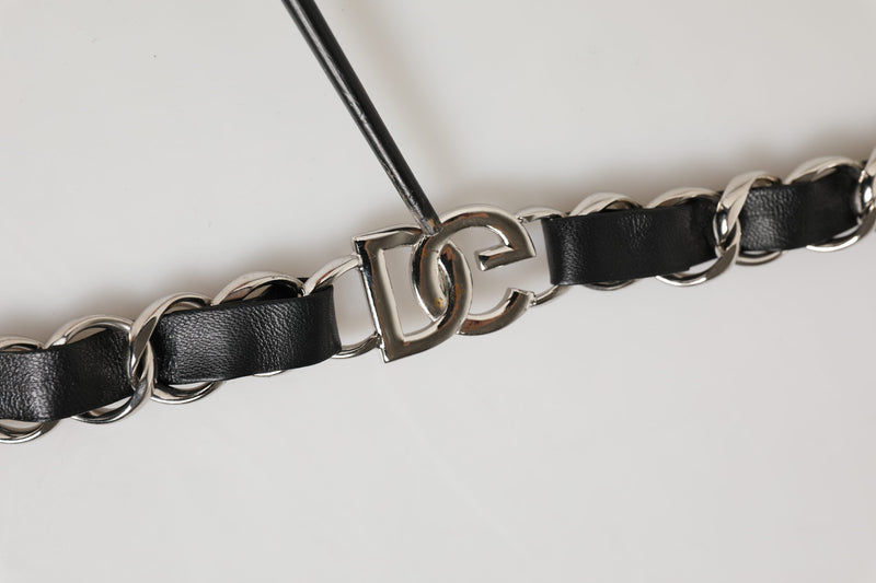 Dolce & Gabbana Black Leather Shoulder Strap with Silver Chain