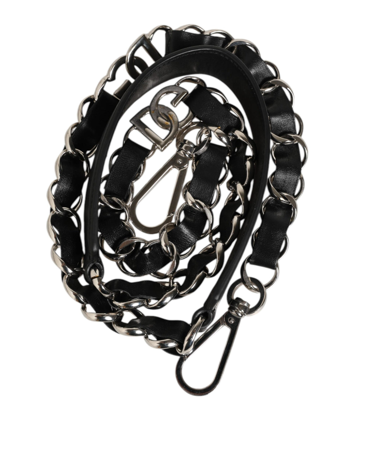 Dolce & Gabbana Black Leather Shoulder Strap with Silver Chain