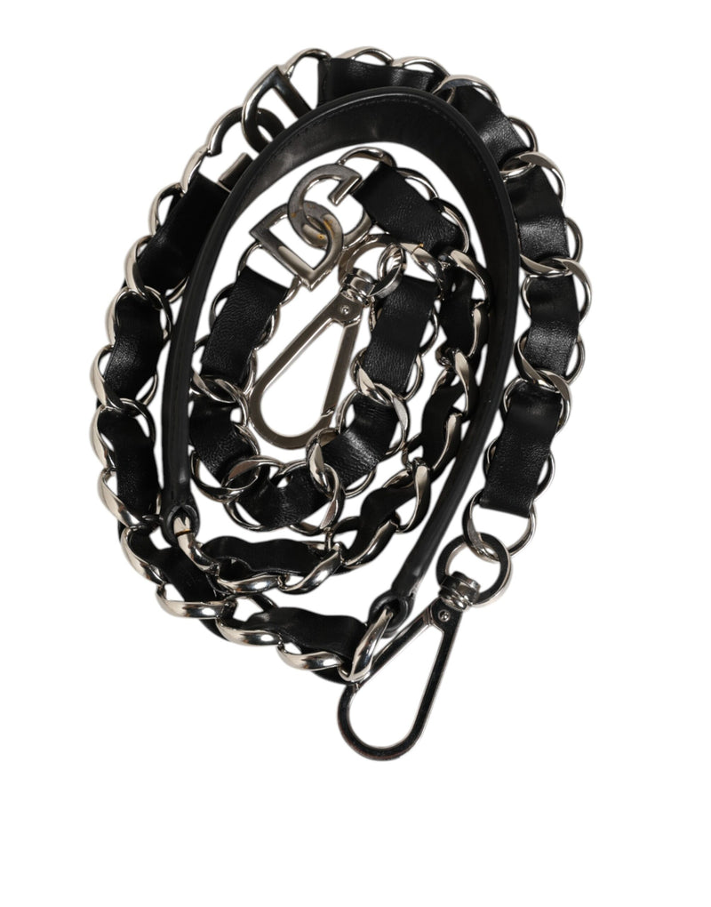 Dolce & Gabbana Black Leather Shoulder Strap with Silver Chain