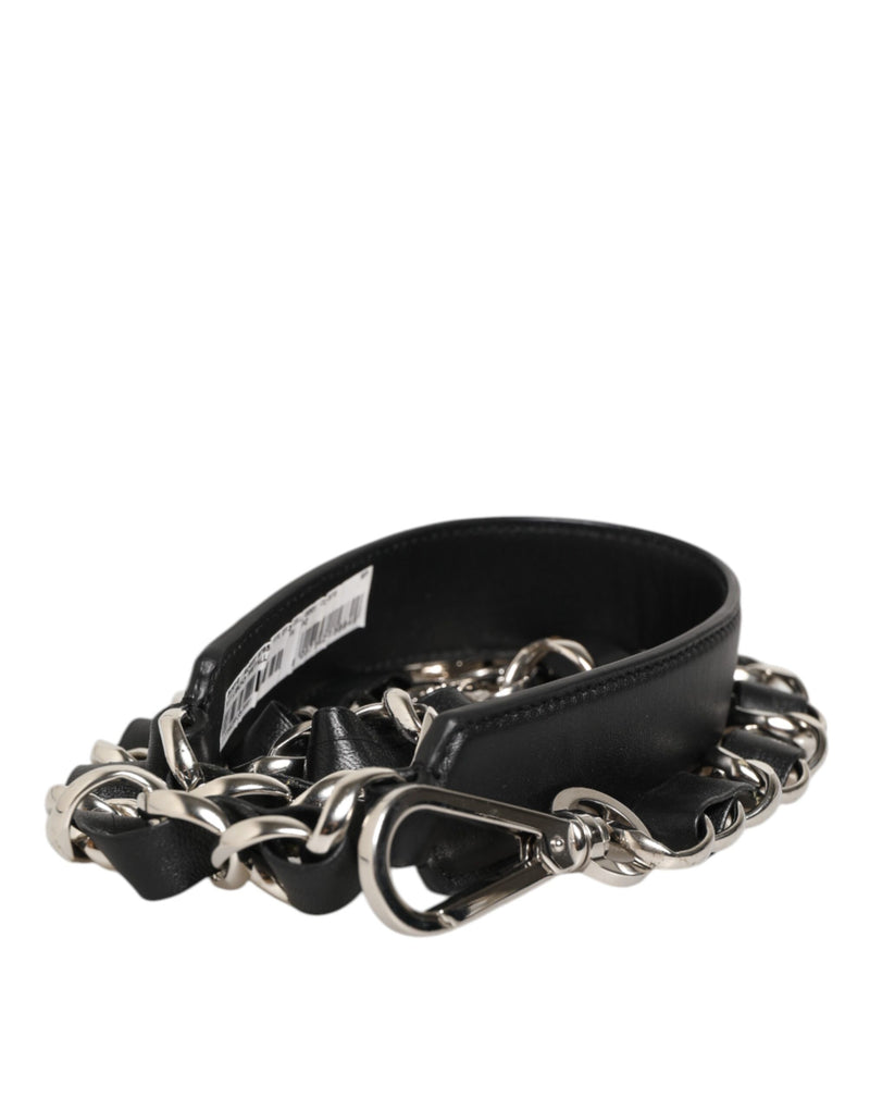 Dolce & Gabbana Black Leather Shoulder Strap with Silver Chain