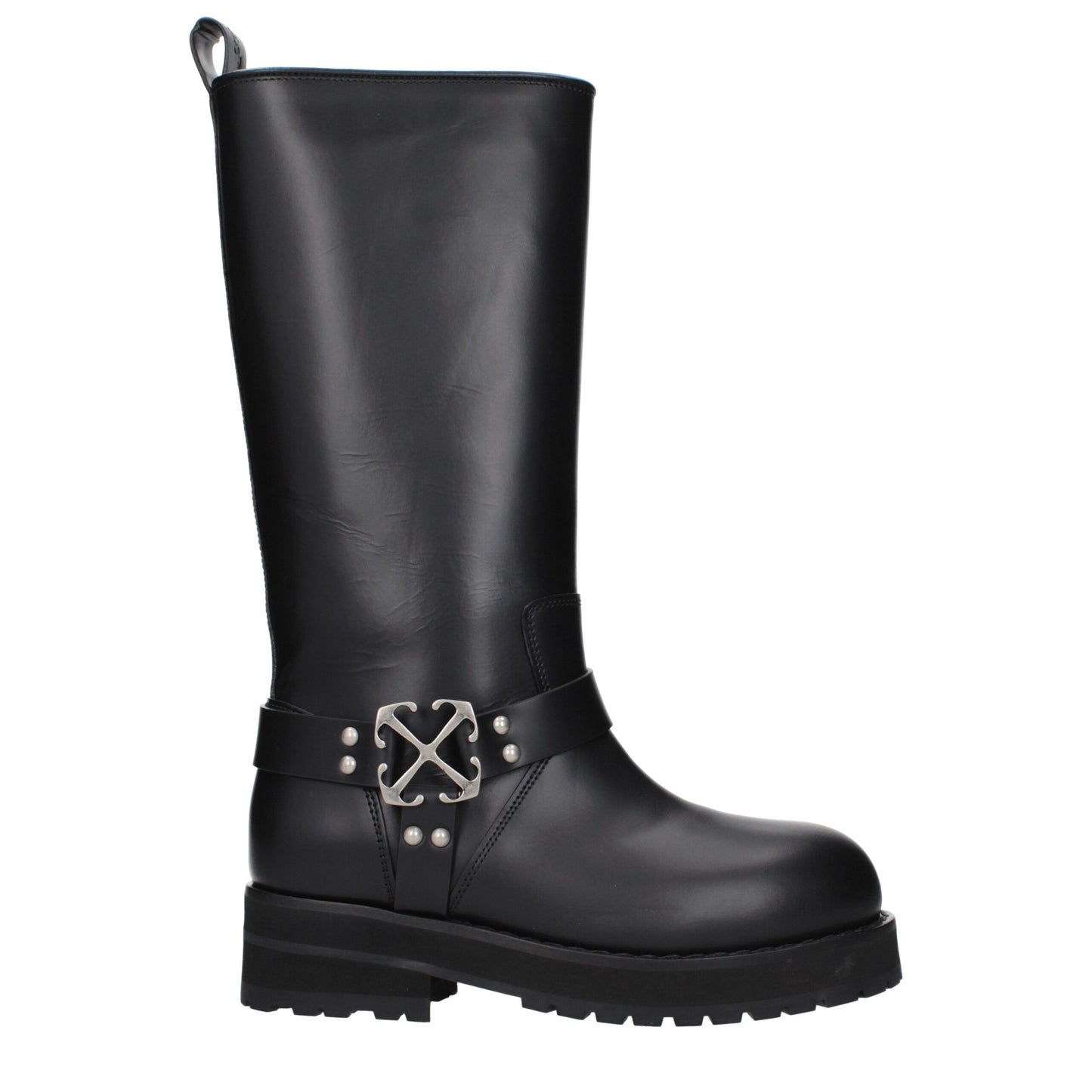 Bottes plates en cuir noir et blanc cassé