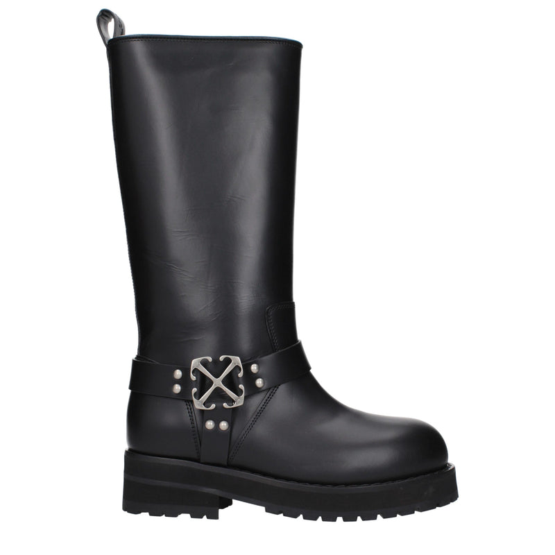 Off-White Black Leather Flat Boots - Stylish & Comfortable