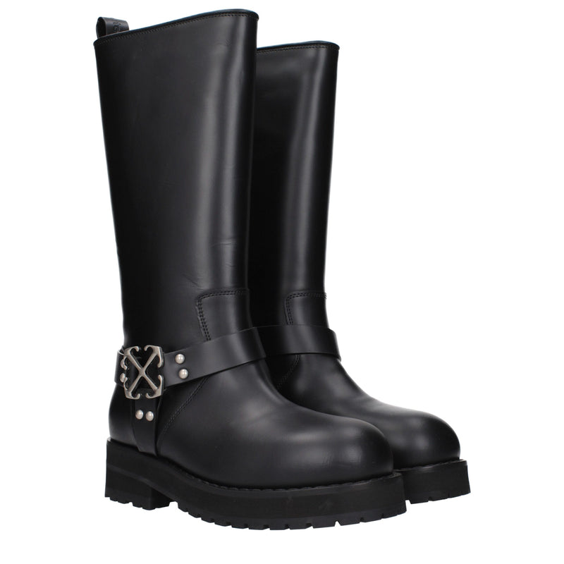 Off-White Black Leather Flat Boots - Stylish & Comfortable