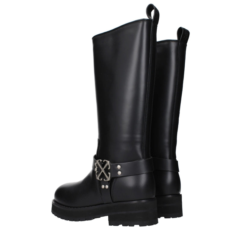 Off-White Black Leather Flat Boots - Stylish & Comfortable