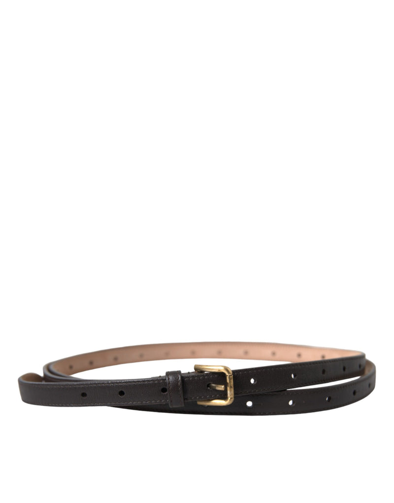 Dolce & Gabbana Ceinture Longue Fine en Cuir Noir avec Boucle Dorée