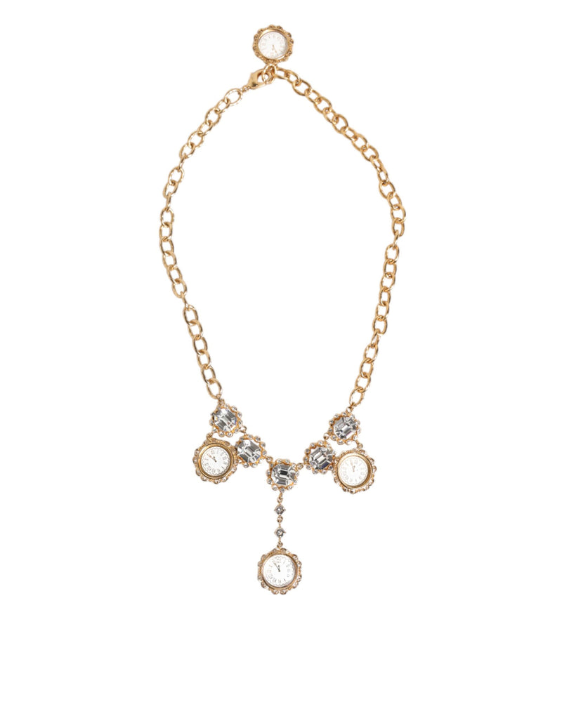 Dolce & Gabbana Gold Crystal Clock Pendant Statement Necklace