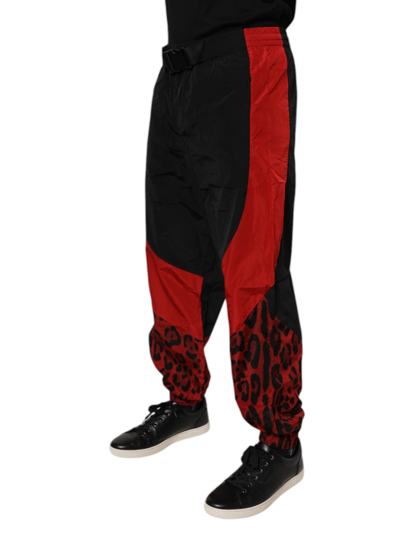 Pantalons de jogging en nylon à imprimé léopard noir et rouge de Dolce &amp; Gabbana