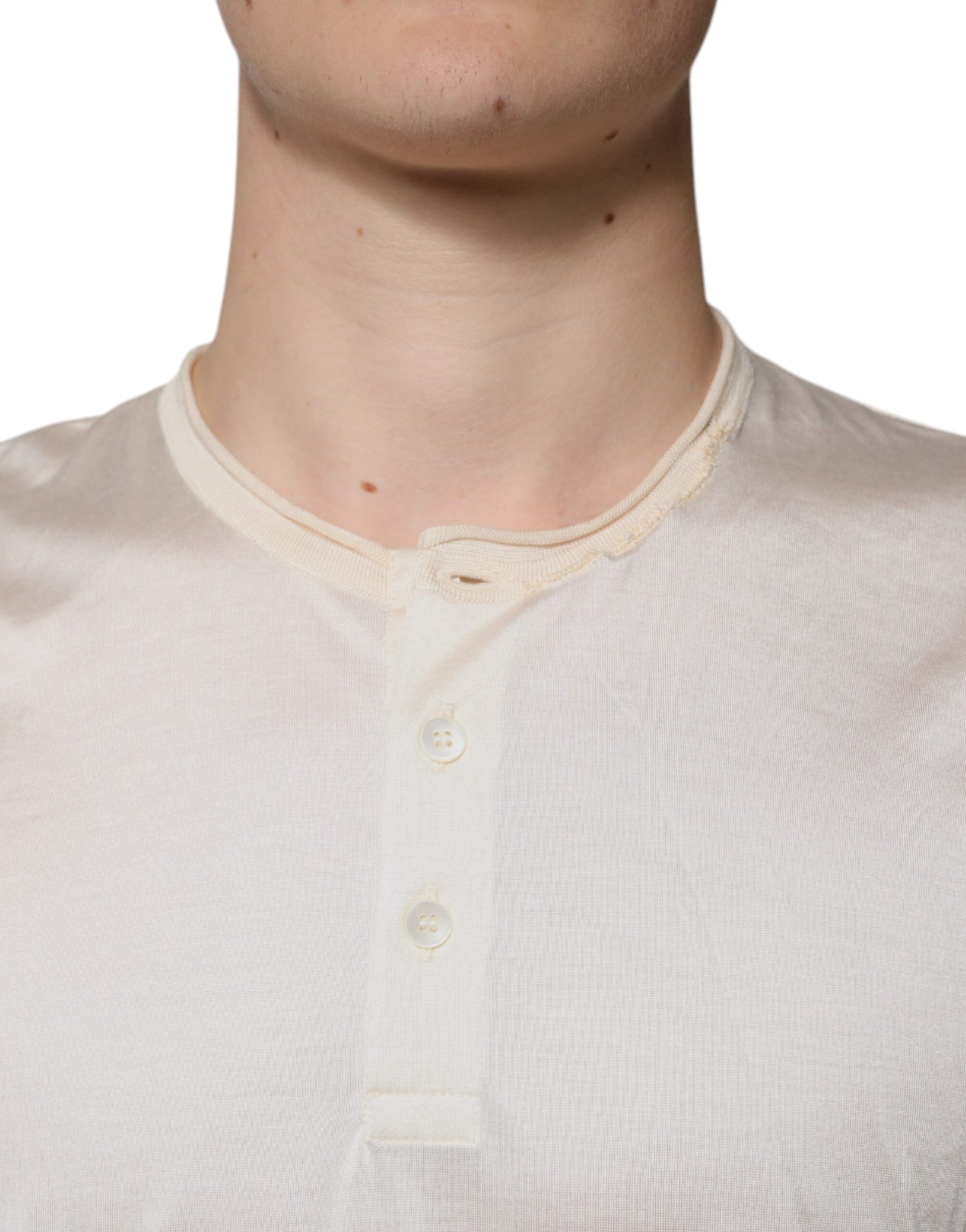 Dolce & Gabbana Off White Silk Henley Short Sleeves T-Shirt