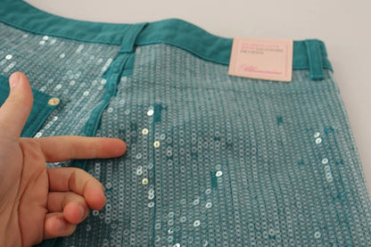 Blumarine Cadet Blue Sequined Low Waist Cropped Trouser Pants