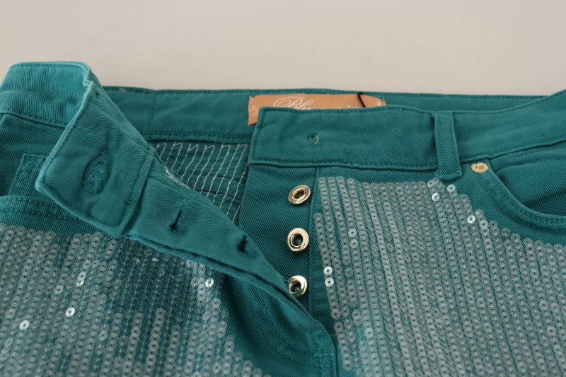 Blumarine Cadet Blue Sequined Low Waist Cropped Pants