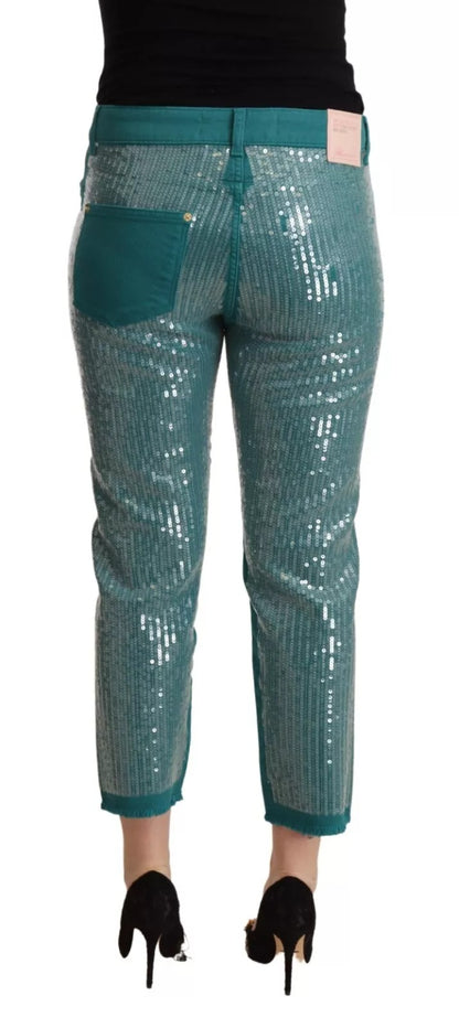 Blumarine Cadet Blue Sequined Low Waist Cropped Trouser Pants