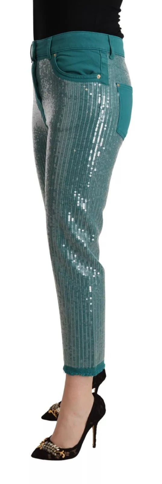 Blumarine Cadet Blue Sequined Low Waist Cropped Pants