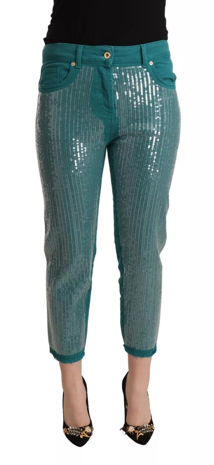 Blumarine Cadet Blue Sequined Low Waist Cropped Pants