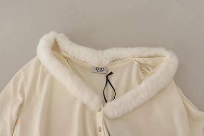 Blouse Liu Jo en viscose blanche à manches longues et col en fourrure de mouton.