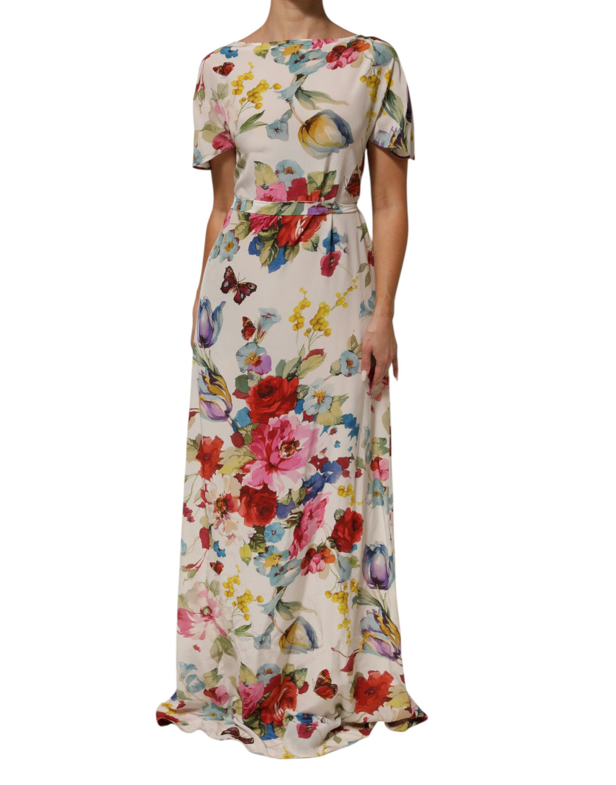 Dolce & Gabbana Robe Longue Évasée en Soie Imprimée Fleurie Blanche