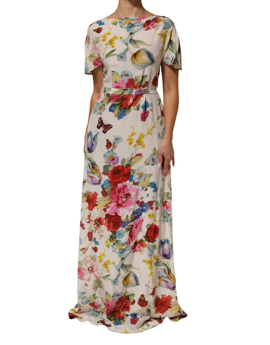 Dolce &amp; Gabbana witte zijden jurk met bloemenprint, lang model, met aansluitende pasvorm.