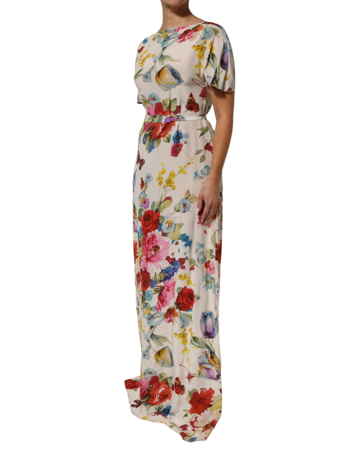 Dolce & Gabbana Robe Longue Évasée en Soie Imprimée Fleurie Blanche