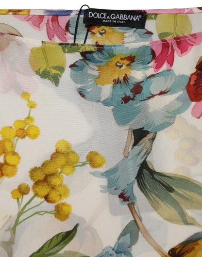 Dolce &amp; Gabbana witte zijden jurk met bloemenprint, lang model, met aansluitende pasvorm.