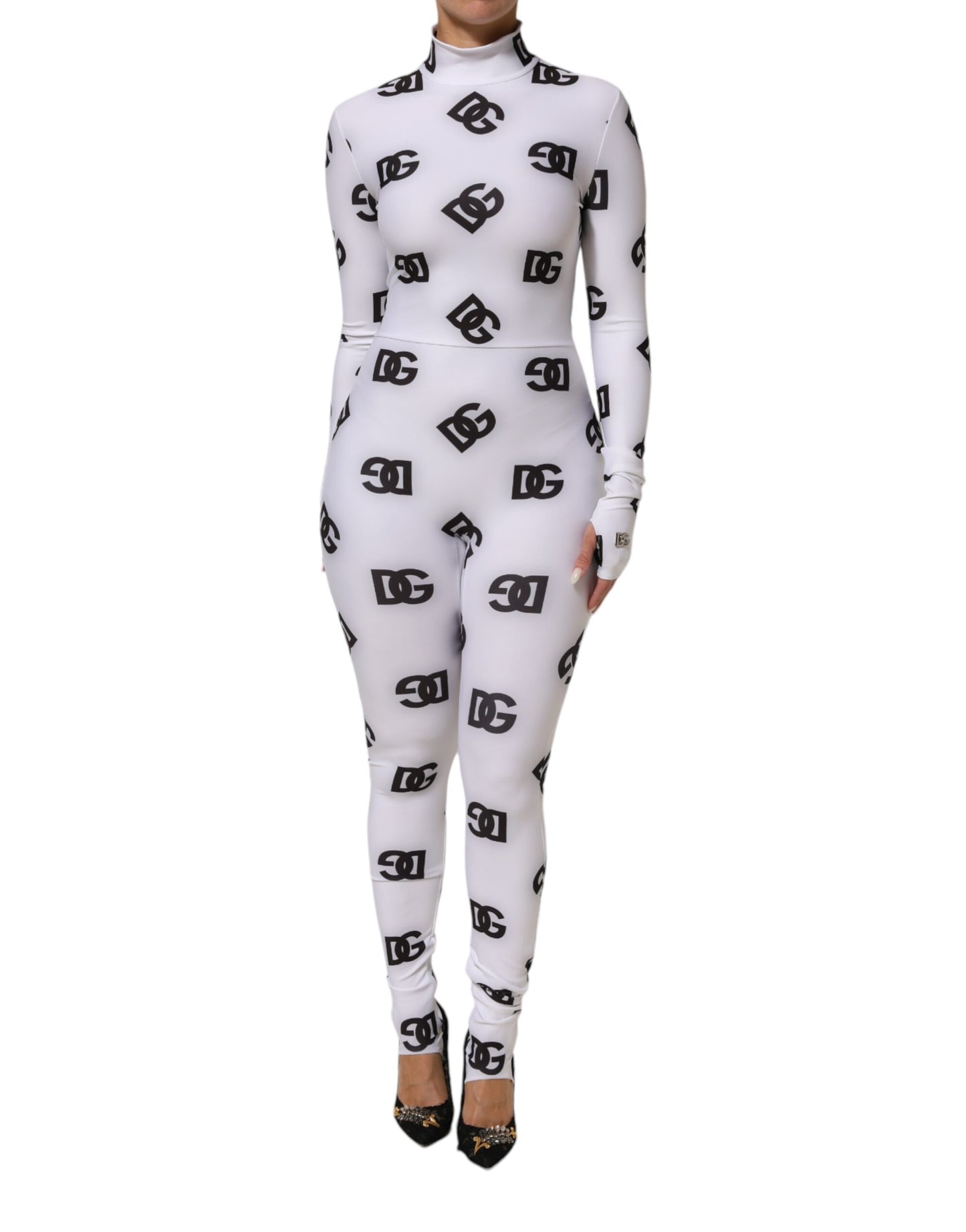 Dolce &amp; Gabbana zwarte en witte jurk met logo en monogram, lange mouwen, in jumpsuit-stijl.