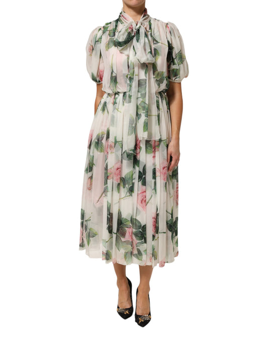Dolce &amp; Gabbana witte, bloemenprint, plissé midi-jurk van zijde
