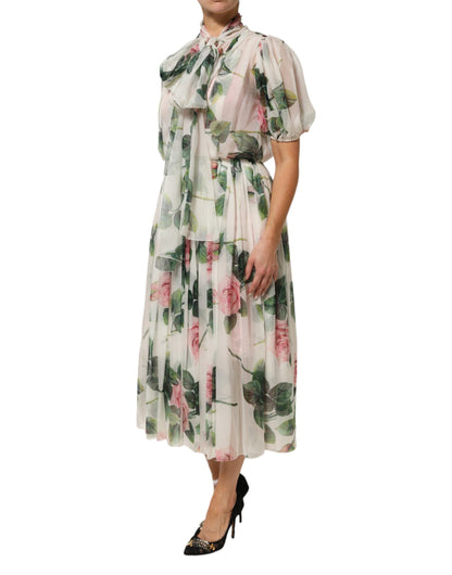 Dolce &amp; Gabbana witte, bloemenprint, plissé midi-jurk van zijde