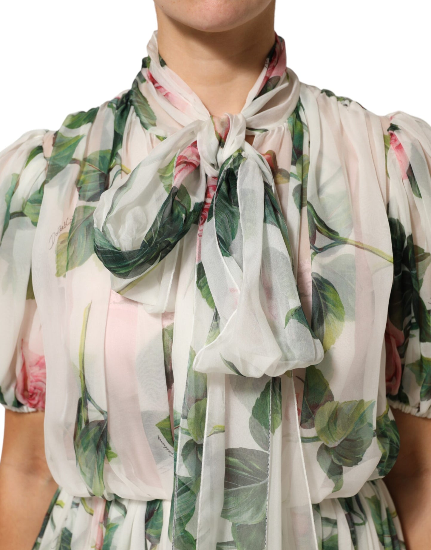 Dolce &amp; Gabbana witte, bloemenprint, plissé midi-jurk van zijde