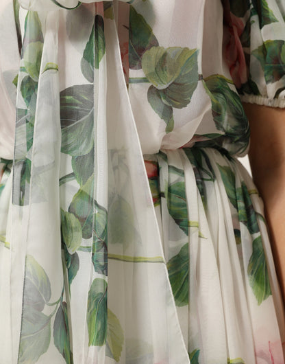 Dolce &amp; Gabbana witte, bloemenprint, plissé midi-jurk van zijde