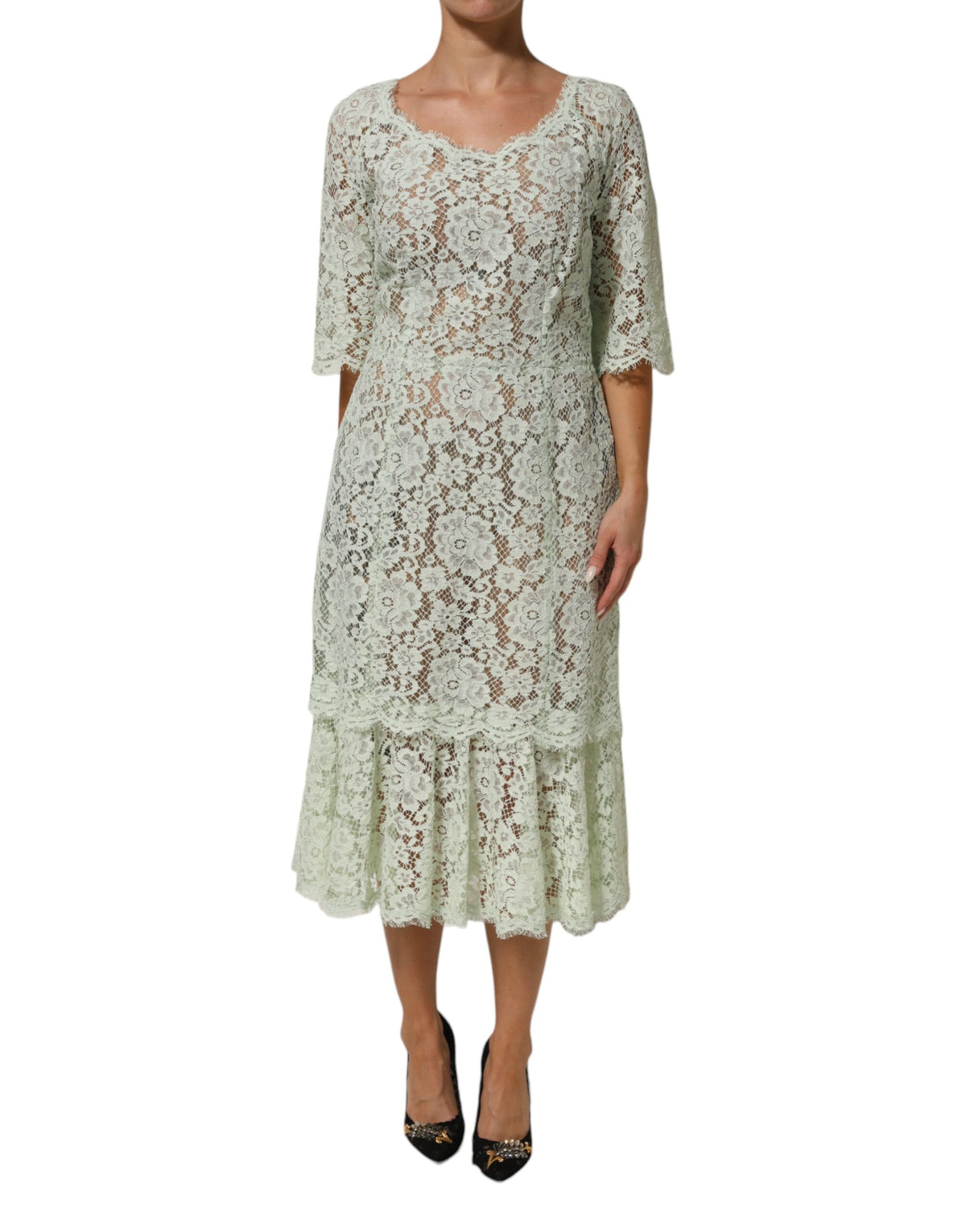 Robe Midi en Dentelle Florale Verte Menthe Dolce & Gabbana