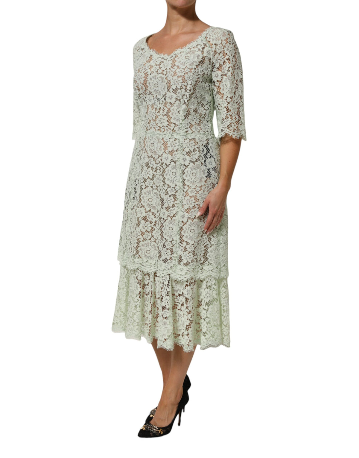 Robe Midi en Dentelle Florale Verte Menthe Dolce & Gabbana