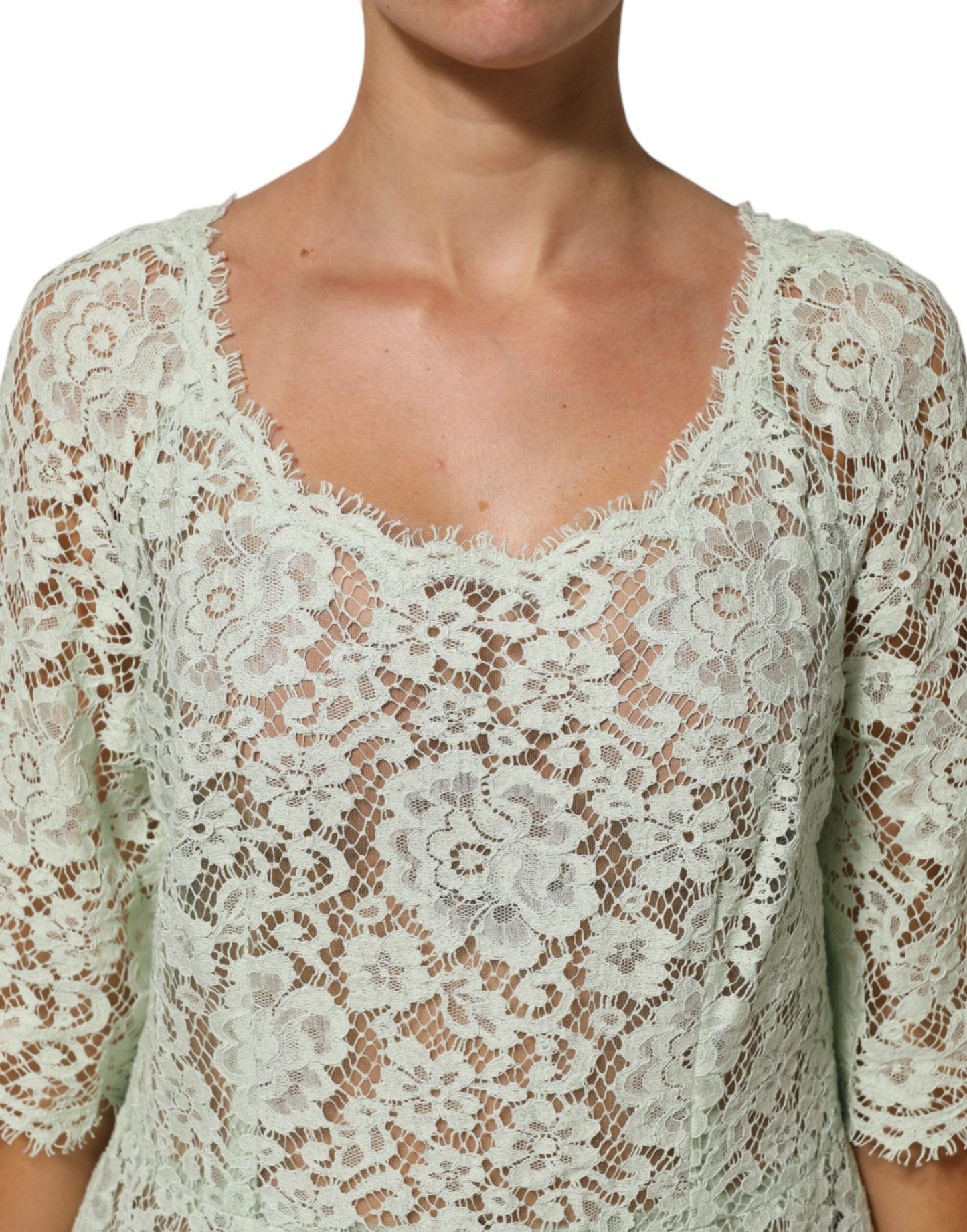 Dolce &amp; Gabbana Mintgroene Midi-jurk met bloemendecor en kantaccenten