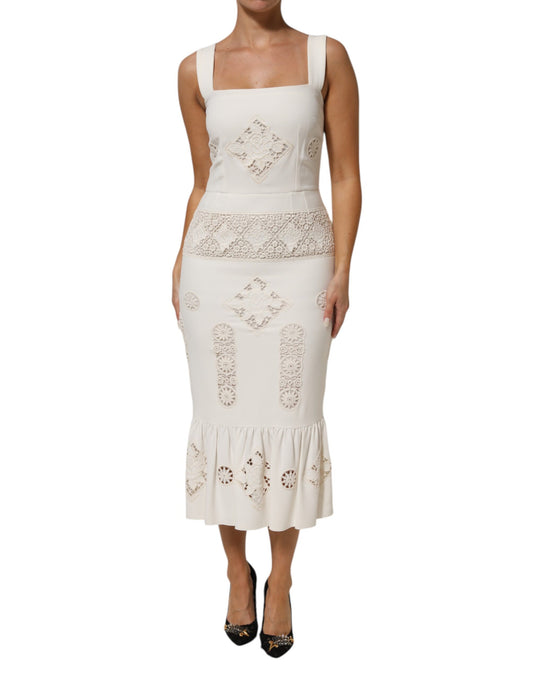 Dolce &amp; Gabbana Witte, bloemrijke kant, mouwloze midi-jurk