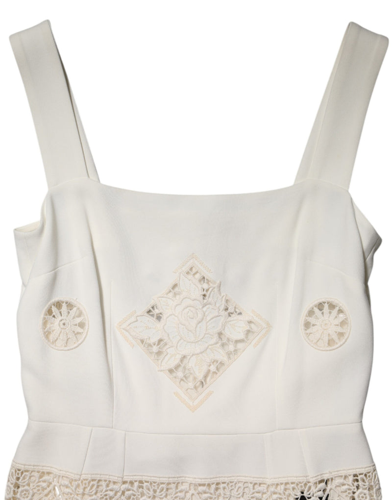 Dolce & Gabbana White Floral Lace Sleeveless Midi Dress