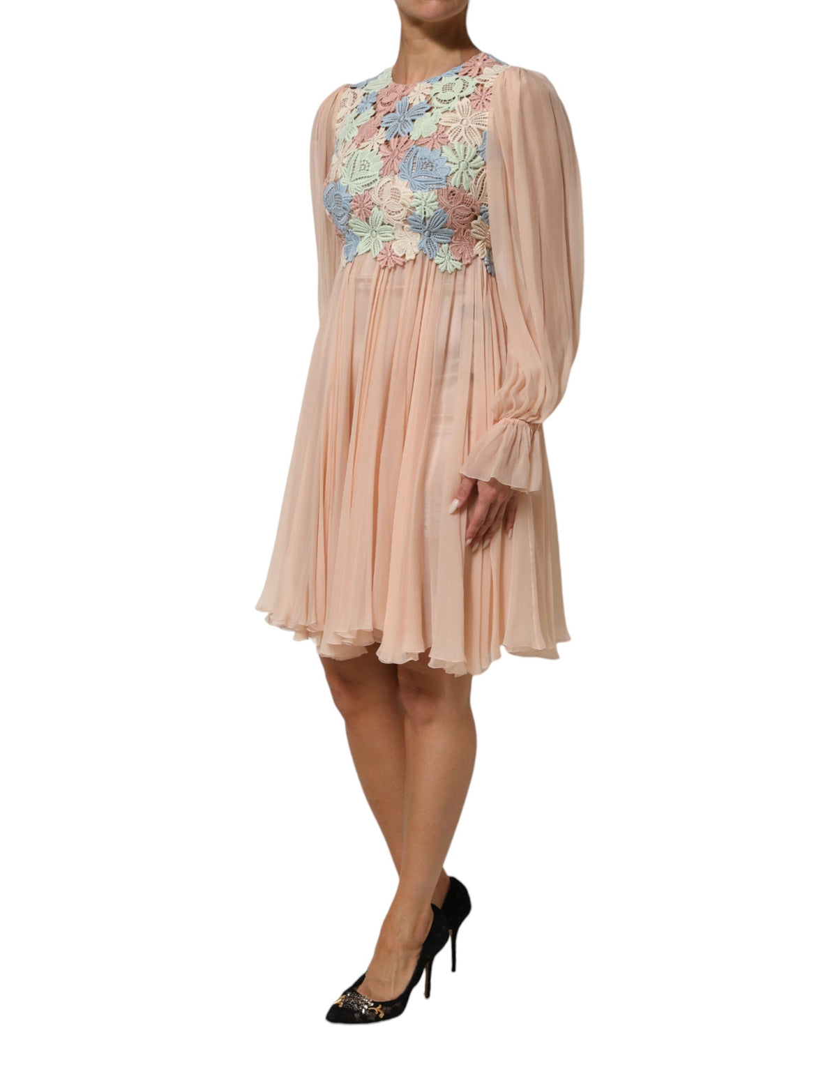 Dolce & Gabbana Robe A-Line Pleated en Broderie Florale Rose