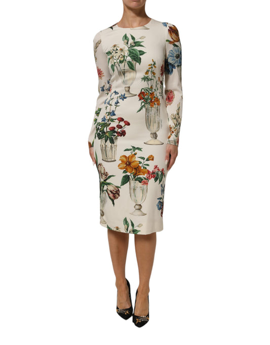 Dolce &amp; Gabbana witte bloemenvaas-geprinten zijden midi-jurk