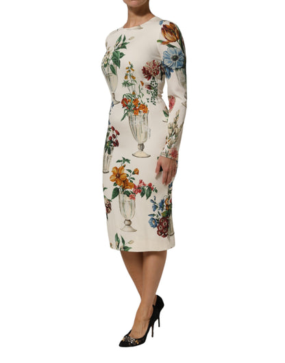 Dolce &amp; Gabbana witte bloemenvaas-geprinten zijden midi-jurk