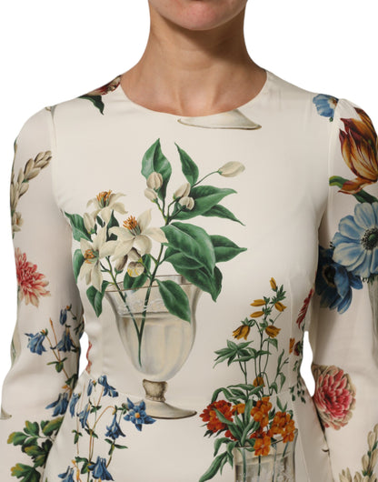 Dolce &amp; Gabbana witte bloemenvaas-geprinten zijden midi-jurk