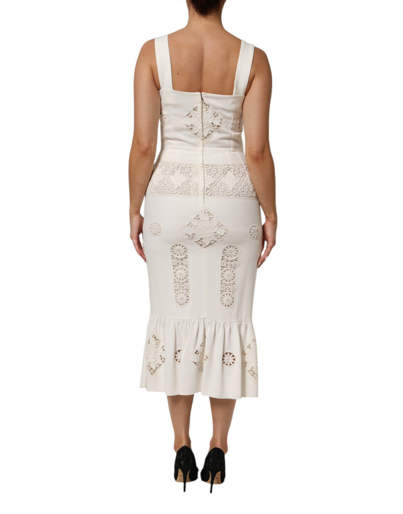 Robe Midi Sans Manches en Dentelle Florale Blanche Dolce & Gabbana