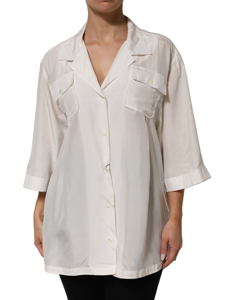 Dolce & Gabbana Off White Silk Button Down Polo Shirt