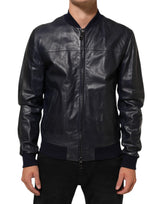 Blouson en cuir bleu à fermeture éclair intégrale, style motard, Dolce & Gabbana