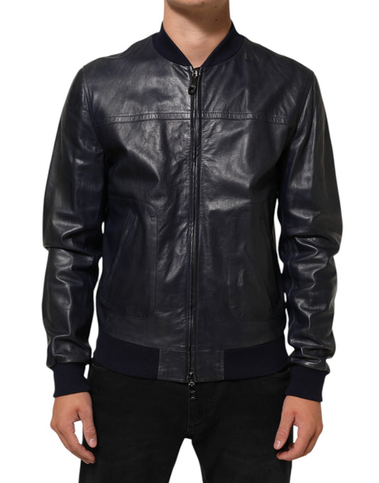 Blouson en cuir bleu à fermeture éclair intégrale, style motard, Dolce &amp; Gabbana